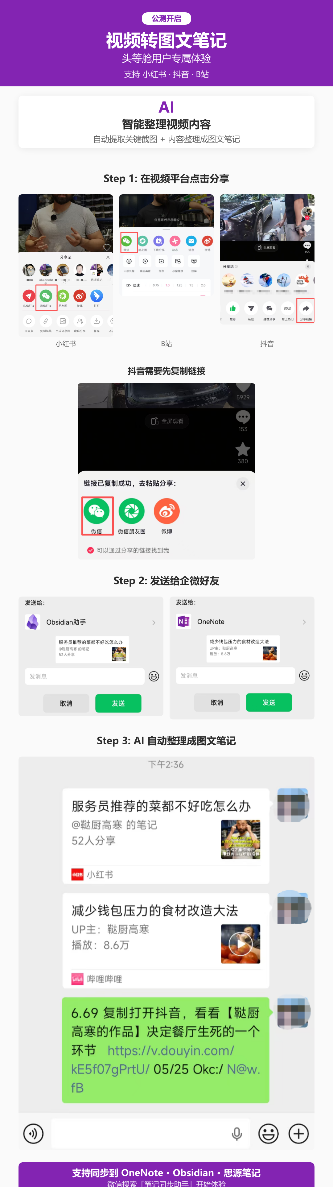 视频转图文笔记三步流程：小红书、B 站、抖音分享入口示意