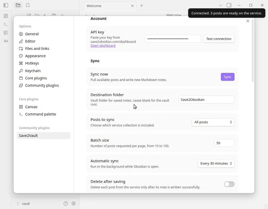 Save2Vault settings in Obsidian: API key pasted, with a Connected confirmation after clicking Test connection